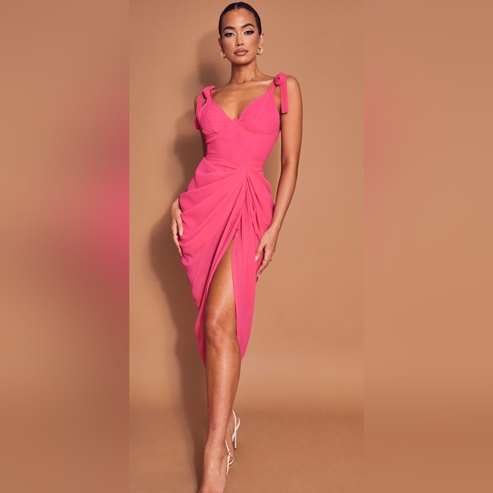 PrettyLittleThing Hot Pink Underwire Detail Draped Midi Dress